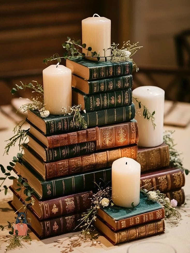 26 Simple Diy Table Centerpieces You Can Make This Weekend 15 Books And Candle Stack Centerpiece