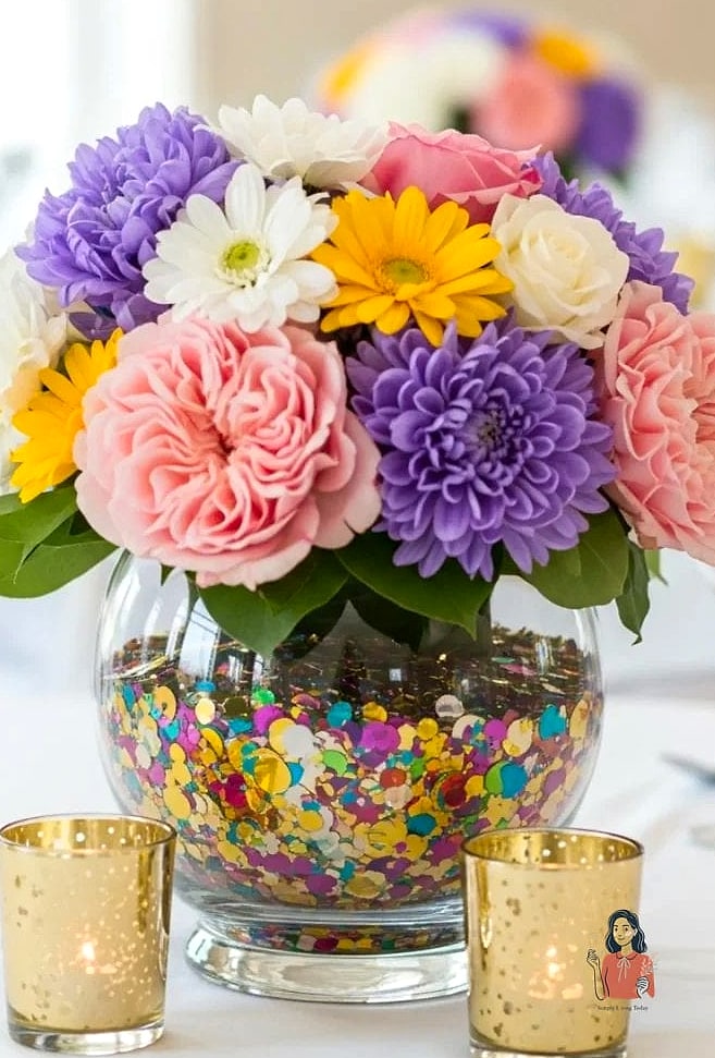 26 Simple Diy Table Centerpieces You Can Make This Weekend 28 DIY Confetti Vase Centerpiece