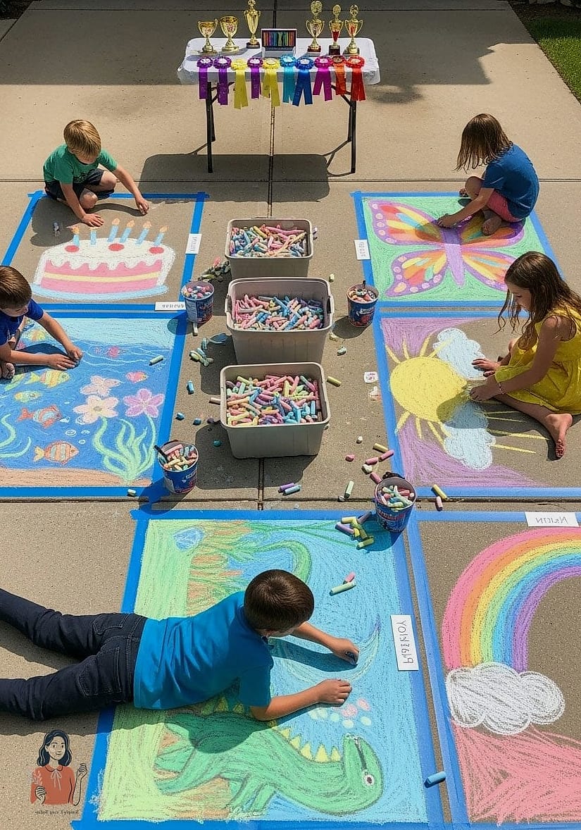 25 Outdoor Birthday Party Ideas for Kids That Are Totally Epic 4 Sidewalk Chalk Mural Station