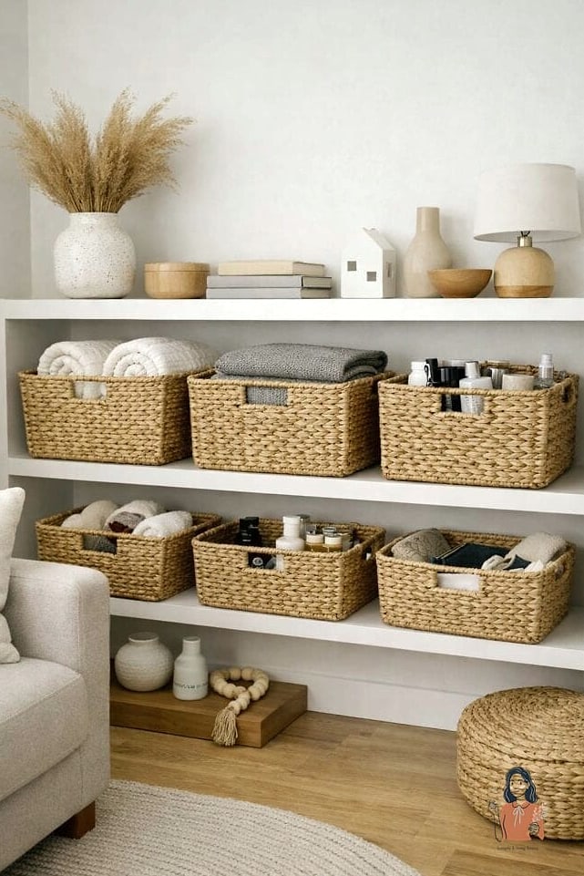 Add Baskets to Open Shelving