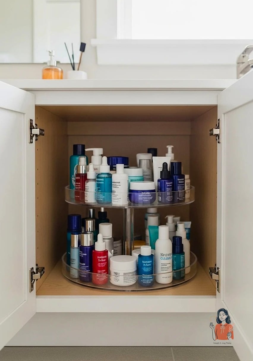 21 Amazing Bathroom Vanity Organization Tips to Try This Weekend 4 Add a Lazy Susan Under the Sink
