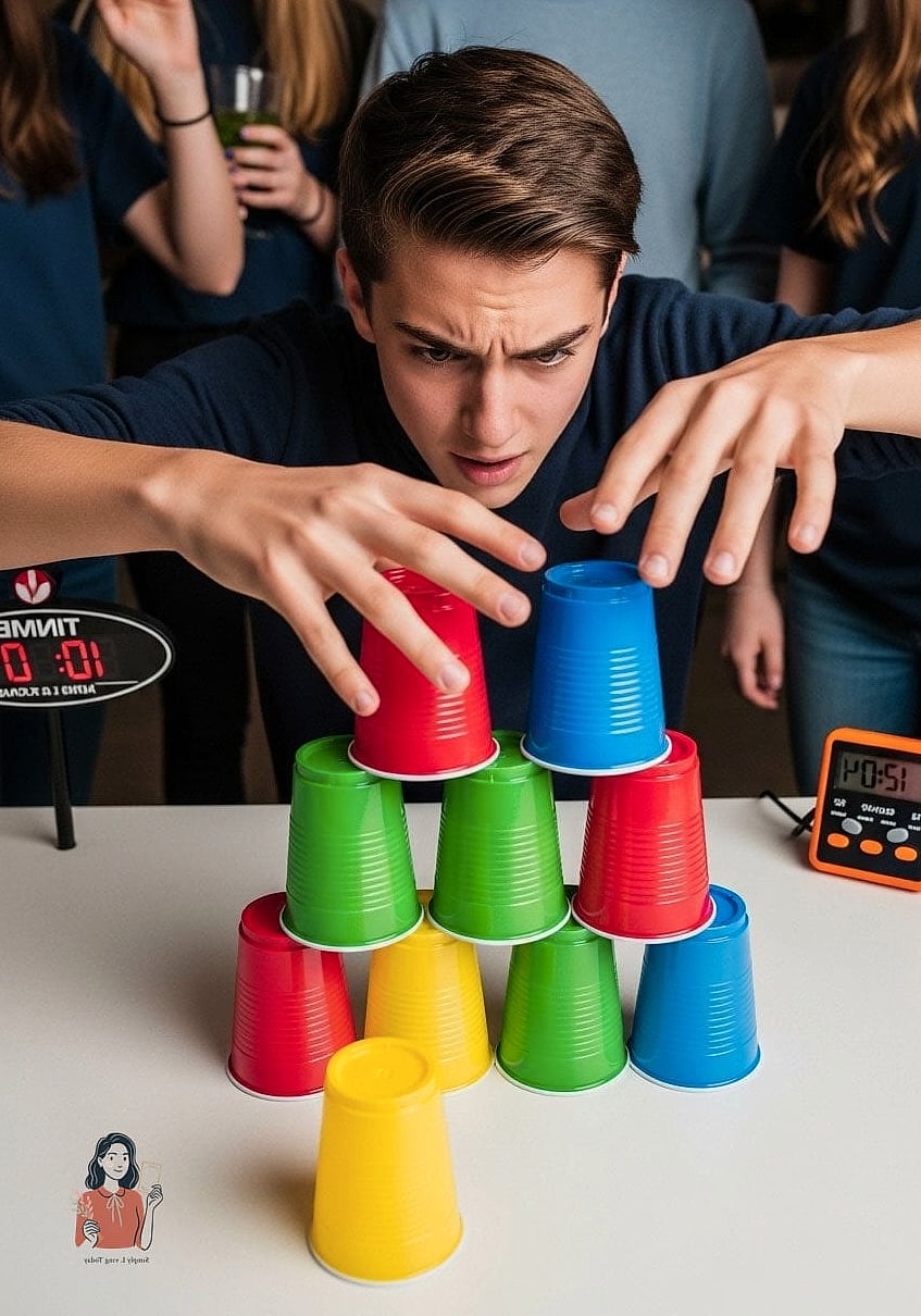 27 Amazing Party Games For Teenagers That Are Totally Pinterest-Worthy 9 Cup Stacking Relay