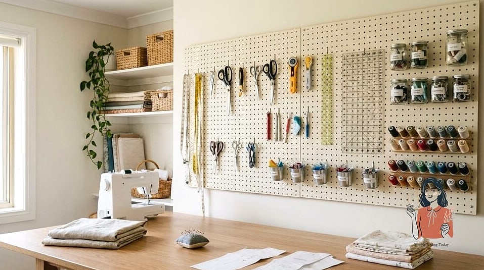 29 Life-changing Sewing Room Organization to Try This Weekend 5 Hang a Pegboard Above Your Machine