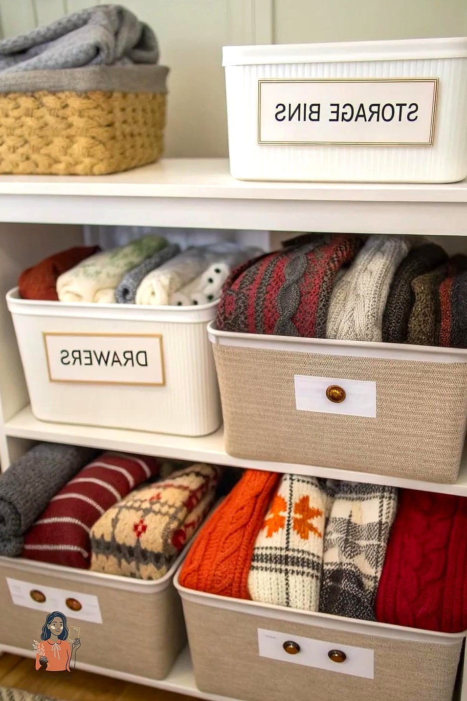 20 Simple Sweater Storage Ideas That Are So Satisfying 8 Label Storage Bins by Season or Type