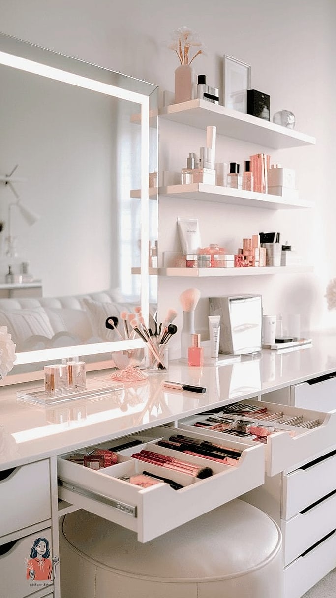 25 Gorgeous Makeup Organization Ideas Every Beauty Lover Needs 18 A Lit Vanity Mirror With Storage