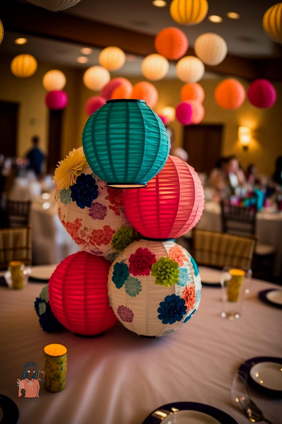Paper Lanterns and String Lights Overhead with Simple Table Accents