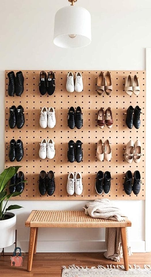 22 Brilliant DIY Shoe Rack Ideas to Finally Organize Your Closet 11 Pegboard Shoe Wall