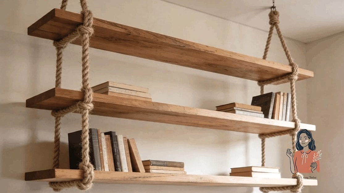 21 Clever Diy Bookshelf On a Budget 18 Rope and Board Hanging Shelf