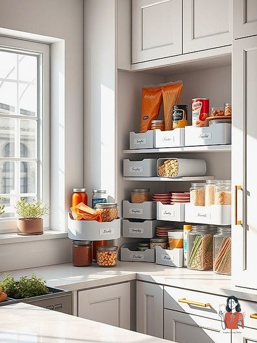 28 Brilliant Corner Cabinet Organization Worth Pinning Immediately 10 Stacked Bins for Canned Goods