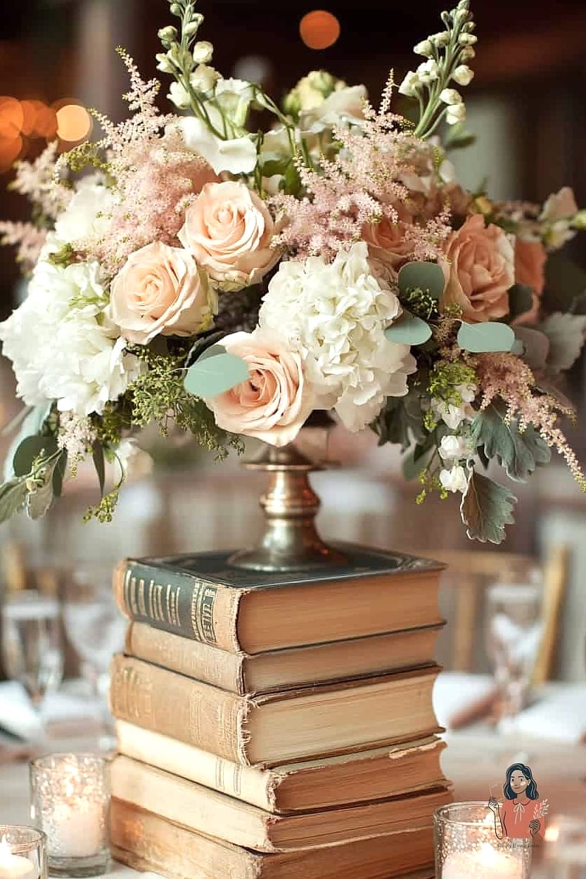 Stacked Books with Florals on Top