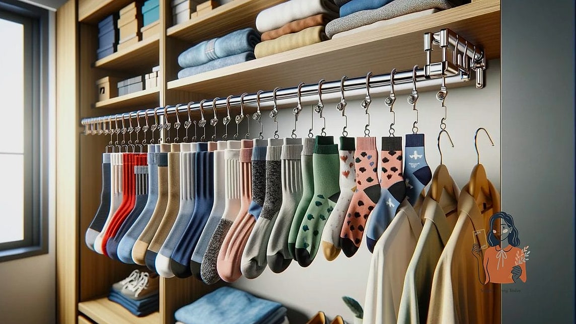 30 Genius Sock Storage That Will Change Your Life 16 Tension Rod and Curtain Ring Hack
