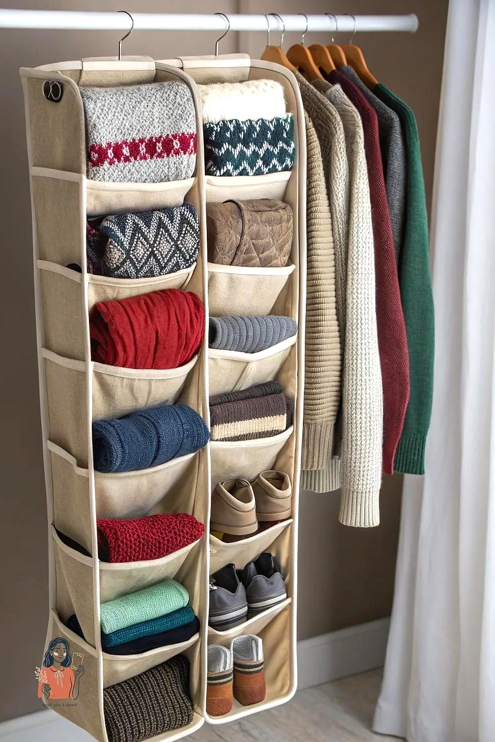 20 Simple Sweater Storage Ideas That Are So Satisfying 7 Use a Hanging Sweater Organizer With Shelves