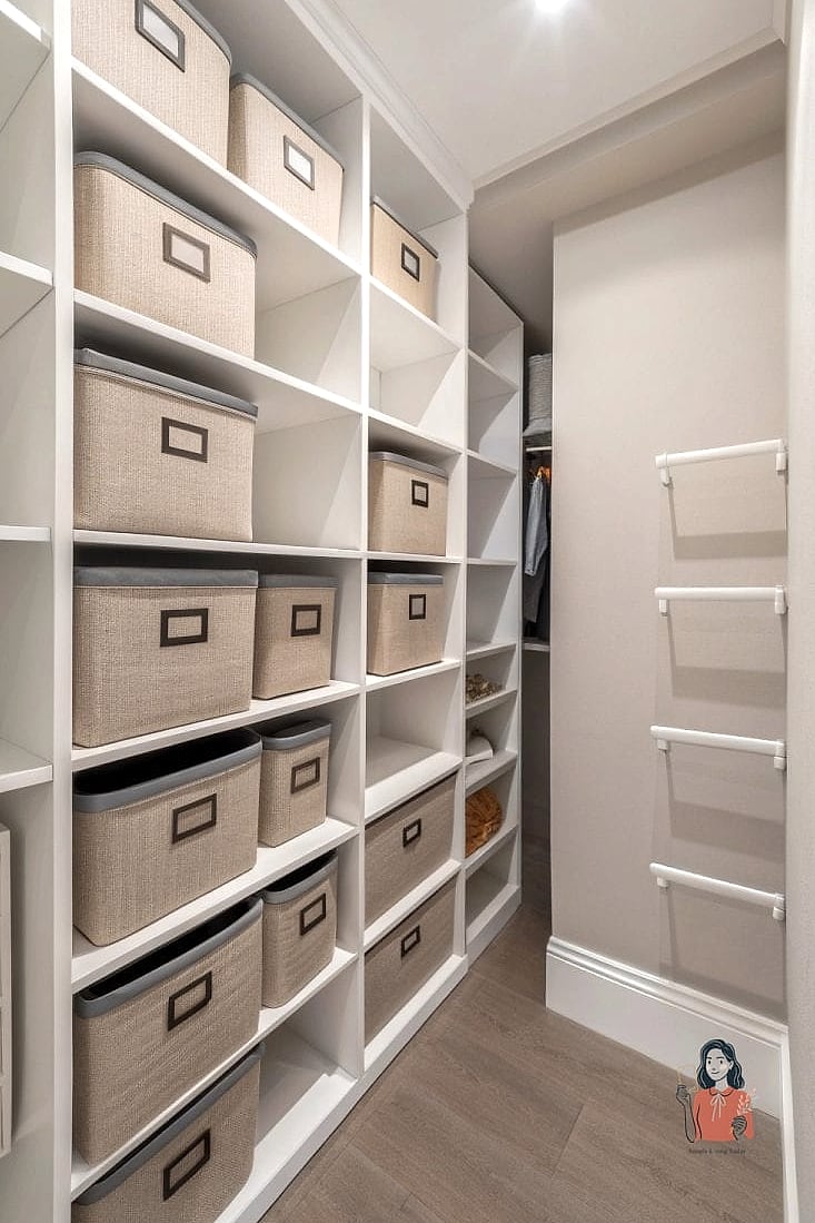 Use Matching Storage Boxes on Upper Shelves